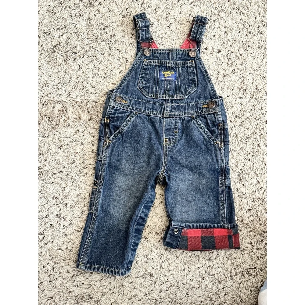 Oshkosh Denim Lined Red Plaid Overalls Size 9 Months